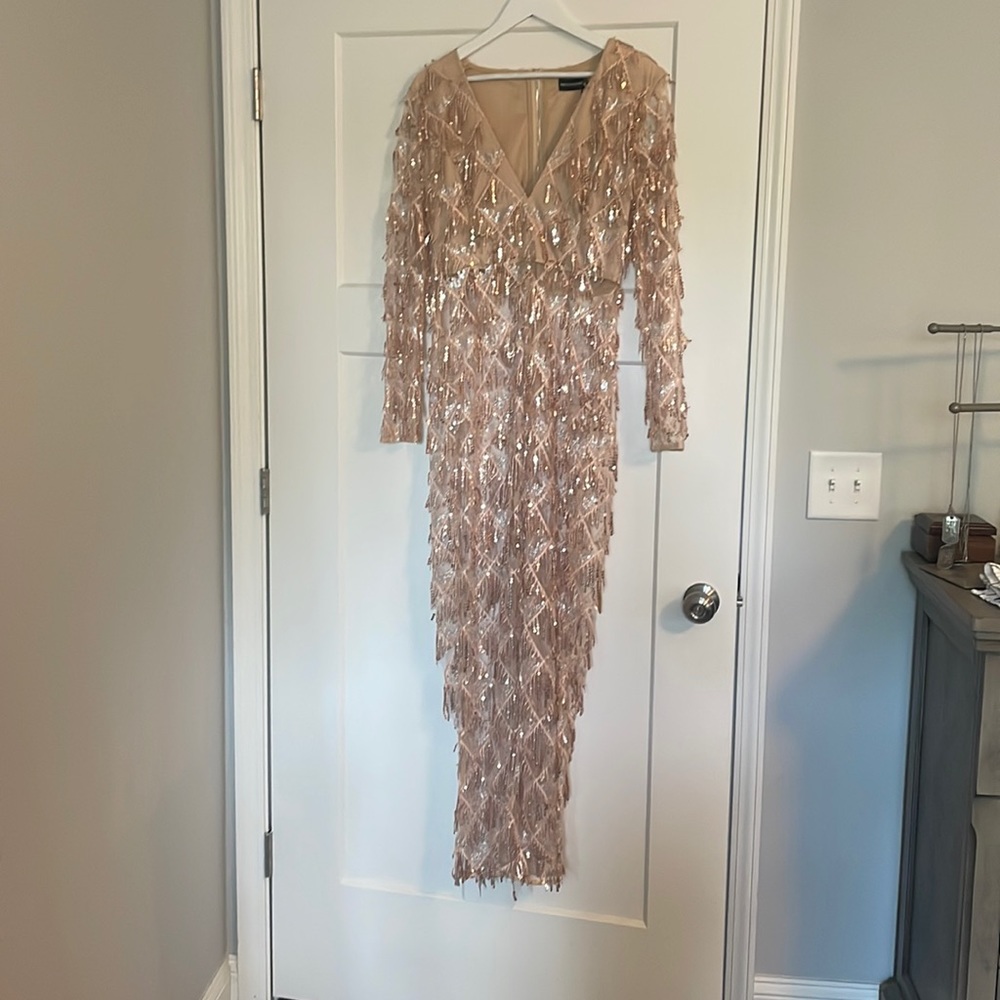 Rose Gold Tassel Sequin Plunge Jumpsuit